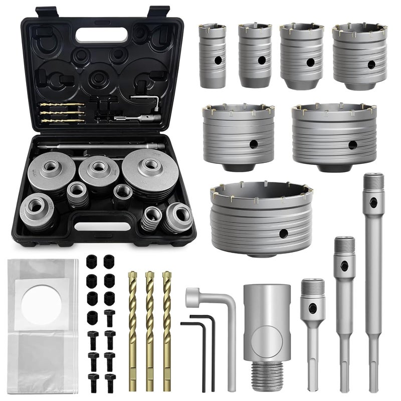METOTO 34PCS Concrete Hole Saw Kit,30/40/50/65/80/100/110mm Masonry Hole Saw, with SDS Plus Shank Drill Bit Sets, Masonry Hole Saw Tool Set for Concrete,Brick,Cement,Stone,Wall Drilling. - Image 1